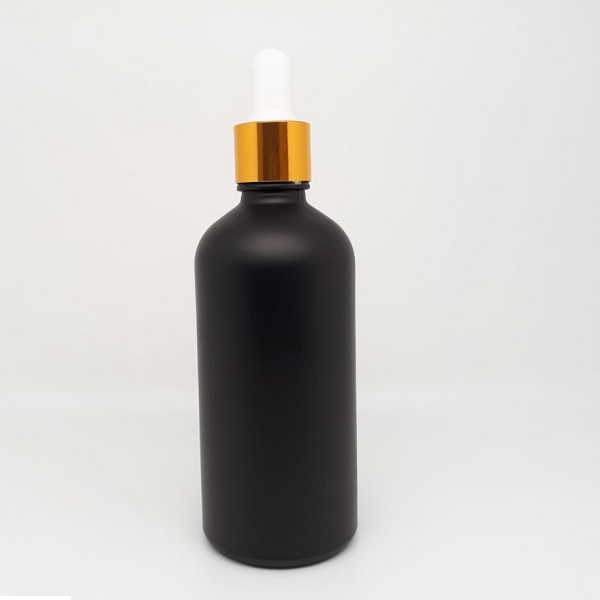 Flacon de luxe noir mat -100 ml- avec capuchon doré et pipette  compte-gouttes blanche - Natureo Shop